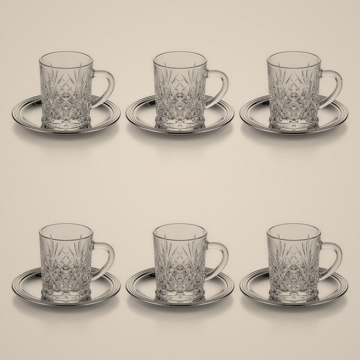 Lanora Sterling Cup Set with Metal Saucers and Crystal Detail