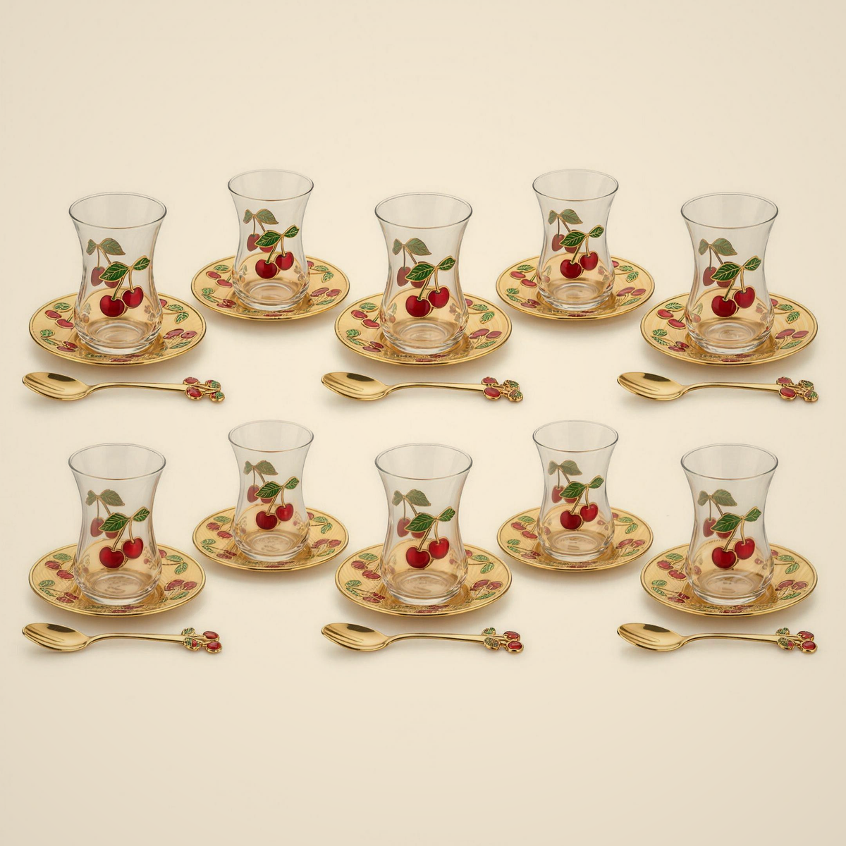 Lanora Cherry Tea Set with Metal Saucers and Spoons — 18 Piece