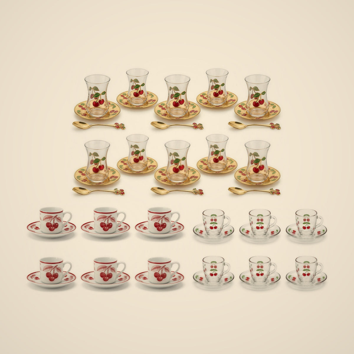 Cherry Full-Table Bundle — tea set, porcelain cups and mirra cups together