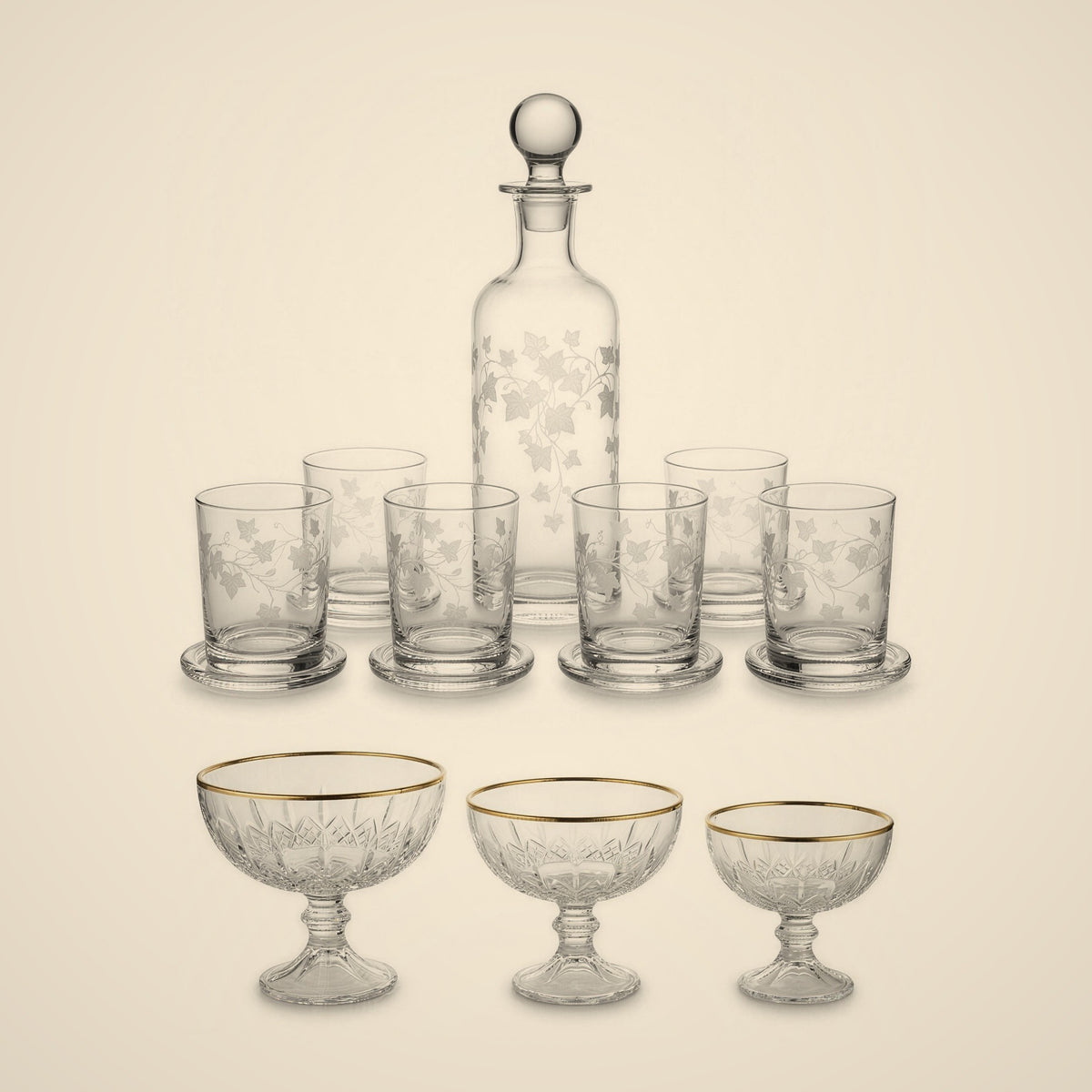 Pour & Present Bundle — Ivy carafe set and Gilt presentation set together